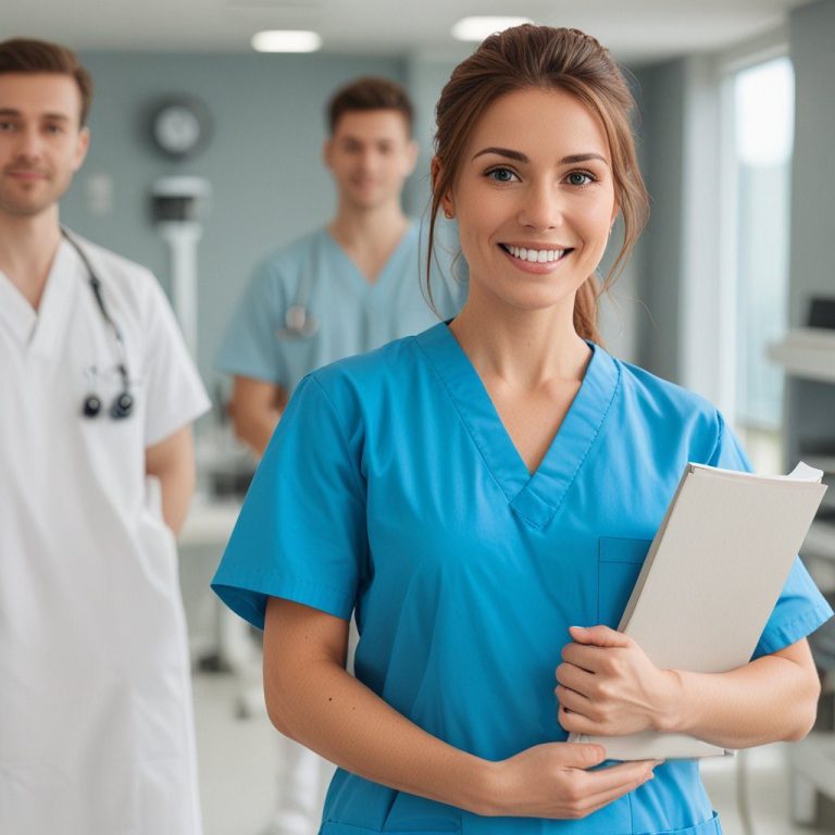 Weiterbildung Anpassungslehrgang in der Pflege Krankenschwester in Weiterbildung in blauer Uniform mit einem Tablet, im Hintergrund Ärzte.