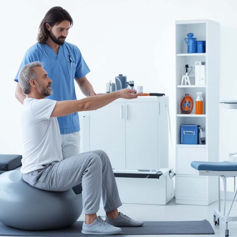 Kurse für Physiotherapeuten Ein Physiotherapeut unterstützt einen Mann bei der Bewegung auf einer Fitnessball.