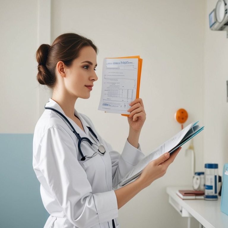 Weiterbildung Kenntnisprüfung Eine Krankenpflegerin prüft Dokumente in einem Behandlungsraum.