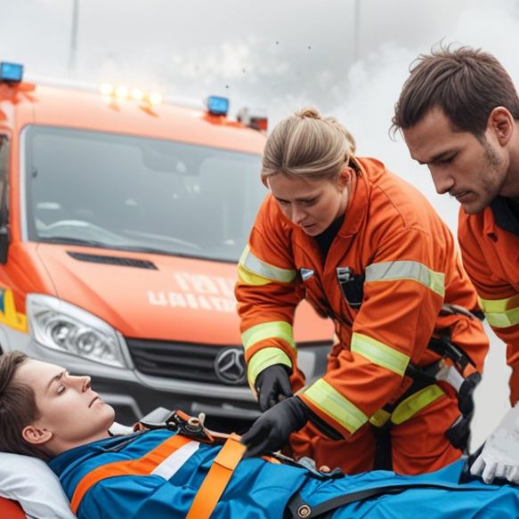 Kurse für Notfallsanitäter Rettungssanitäter Zwei Rettungssanitäter helfen einem verletzten Patienten auf einer Liege.